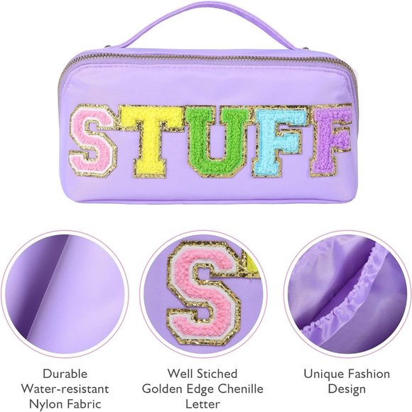 Women Chenille Letter Open Flat Nylon Stuff Makeup Travel Cosmetic Bag Purple - Picture 3 of 9